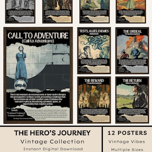 Può includere: Una collezione di 12 poster in stile vintage, ognuno raffigurante una fase del "Viaggio dell'Eroe". I poster presentano illustrazioni e testo, con titoli come "La Chiamata all'Avventura" e "Il Ritorno". La collezione è pensata per l'arredamento moderno delle aule.