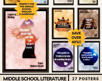 May include: A set of 27 framed posters for a middle school English classroom, featuring quotes and excerpts from literature. Titles include "The Book Thief" and "Where the Red Fern Grows". The posters are designed for modern classroom decor and are an instant digital download.