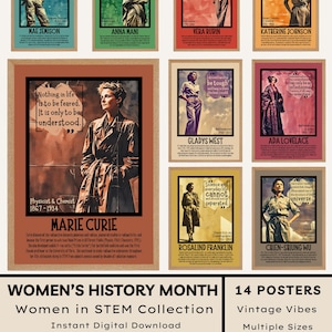 May include: A collection of 14 vintage-style posters celebrating Women in STEM. Each poster features a portrait of a woman scientist with a quote and name. The posters are in various colors and sizes.