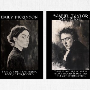 May include: Two black framed art prints featuring portraits of Emily Dickinson and Samuel Taylor Coleridge. Each print includes the subject's name and a quote. The Dickinson print reads "I am out with lanterns, looking for myself."