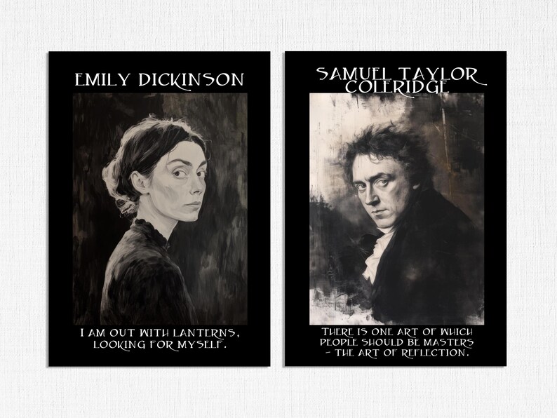 May include: Two black framed art prints featuring portraits of Emily Dickinson and Samuel Taylor Coleridge. Each print includes the subject's name and a quote. The Dickinson print reads "I am out with lanterns, looking for myself."