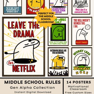 May include: A collection of fourteen rectangular posters featuring cartoon stick figures with various humorous phrases including Leave the Drama for Netflix, Use Your Rizz Wisely, and The Bell Doesn't Dismiss You. The posters use bold colors and text.