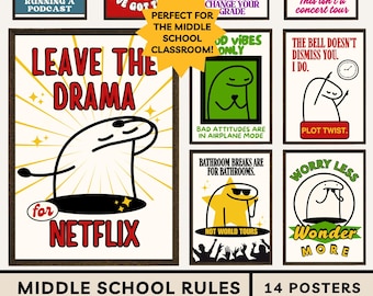 May include: A collection of fourteen rectangular posters featuring cartoon stick figures with various humorous phrases including Leave the Drama for Netflix, Use Your Rizz Wisely, and The Bell Doesn't Dismiss You. The posters use bold colors and text.