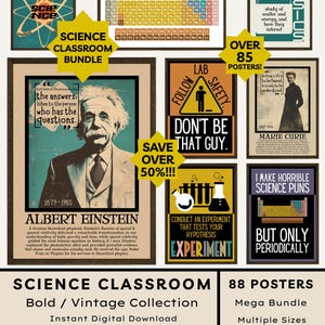 Può includere: Una collezione di poster per l'aula di scienze in stile vintage. Il pacchetto include poster con Albert Einstein, la tavola periodica e concetti di fisica. Il testo include "Science Classroom Bundle", "Oltre 85 poster!" e "Download digitale istantaneo".