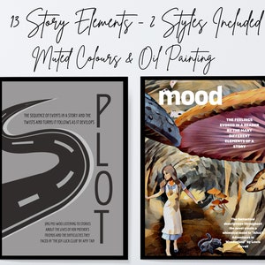 May include: Two framed art prints. The left print features a road graphic with the word "PLOT" and text about story events. The right print has the word "mood" and an illustration of a girl in a whimsical setting. Text includes "13 Story Elements - 2 Styles Included Muted Colours & Oil Painting."