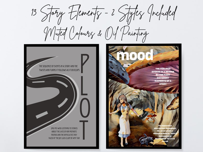 May include: Two framed art prints. The left print features a road graphic with the word "PLOT" and text about story events. The right print has the word "mood" and an illustration of a girl in a whimsical setting. Text includes "13 Story Elements - 2 Styles Included Muted Colours & Oil Painting."