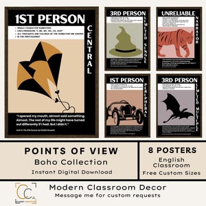 May include: A collection of eight English classroom posters with a boho theme. The posters feature text about literary concepts like "1st Person" and "3rd Person" with illustrations of a kite, a hat, a tiger, a car, and a bat. The posters are available in free custom sizes.