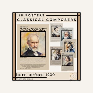 Paquete de pósteres de compositores clásicos: Pósteres para el aula de música de músicos diversos, compositores clásicos famosos, sinfonías, instrumentos de orquesta.