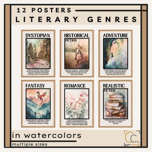 Generi letterari Poster Decorazioni per aule di inglese delle scuole superiori Tipi di romanzi Poster per biblioteche scolastiche Poster di classificazione di libri popolari