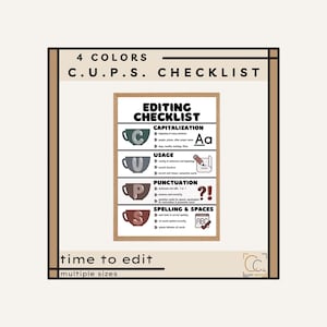 Póster de la lista de verificación de edición CUPS: Decoración para el aula de inglés de la escuela secundaria. Póster de la lista de verificación de edición. Pósteres del proceso de escritura.