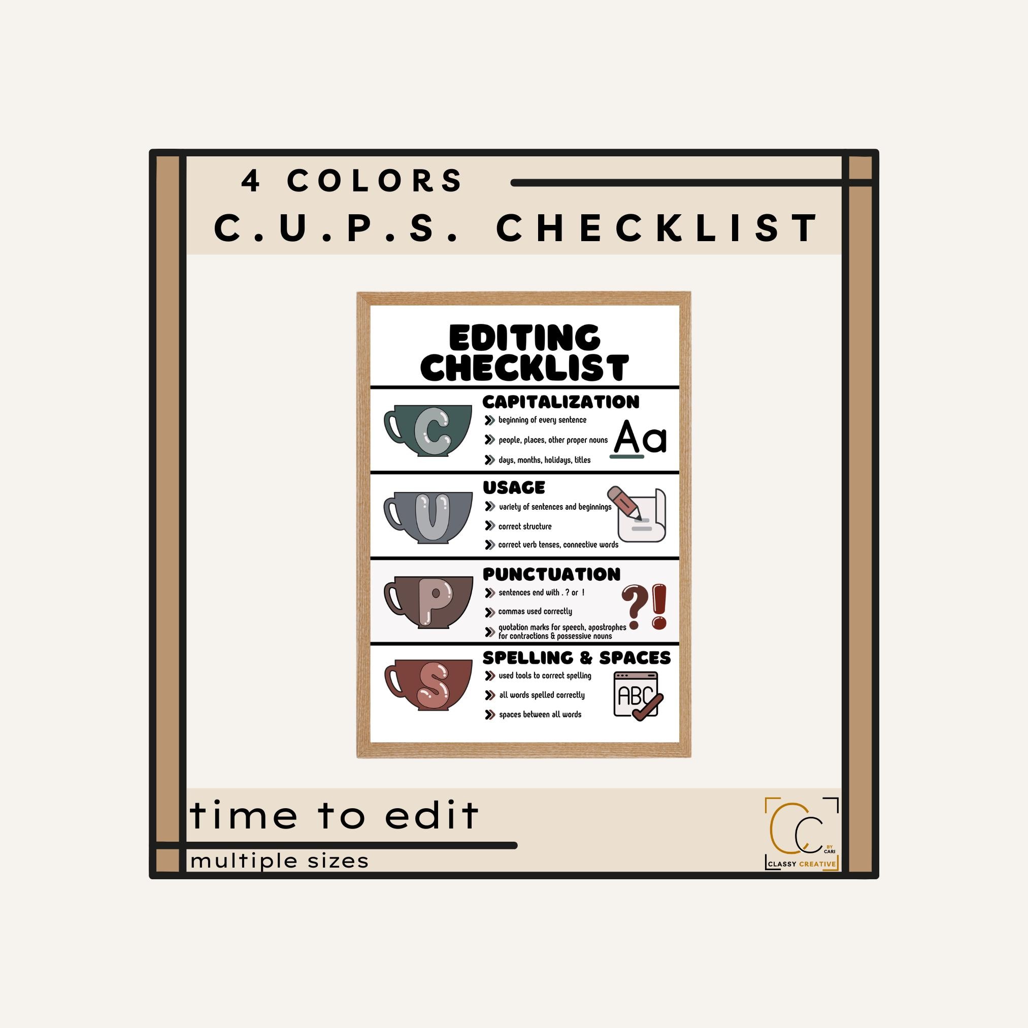 CUPS Editing Checklist Poster: Middle School English Classroom Decor ...