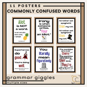 Palavras comumente confusas Decoração de sala de aula de inglês Cartazes engraçados de gramática Palavras misturadas Impressões de gramática de inglês do ensino médio