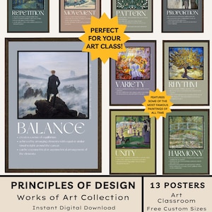 May include: A set of 13 art posters illustrating design principles like repetition, movement, and balance, with famous paintings. Ideal for art classrooms, the posters are available in free custom sizes and are a digital download.