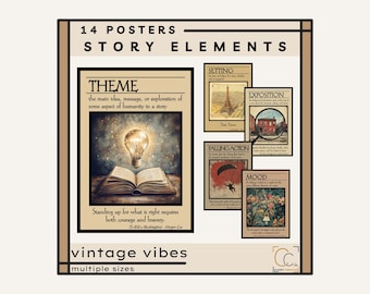 May include: A collection of 14 vintage-style posters with story elements. The posters include themes, setting, exposition, falling action, and mood. The text includes "vintage vibes" and "multiple sizes."