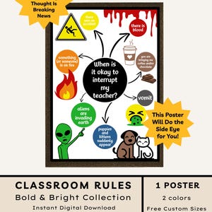 May include: A framed poster titled When is it okay to interrupt my teacher? featuring a flowchart with icons and text including there was an accident, there is blood, something is on fire, coffee, chocolate, aliens, and puppies and kittens.
