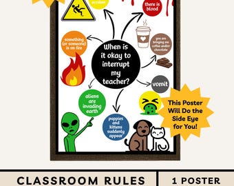 May include: A framed poster titled When is it okay to interrupt my teacher? featuring a flowchart with icons and text including there was an accident, there is blood, something is on fire, coffee, chocolate, aliens, and puppies and kittens.