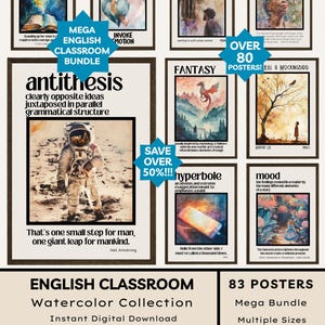 Può includere: Una collezione di oltre 80 poster per la classe di inglese con design ad acquerello. Il pacchetto include poster su temi letterari, come 'Tema', 'Pathos', 'Antitesi' e 'Umore'. Download digitale immediato.