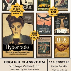 Peut inclure: Ensemble d'affiches vintage pour salle de classe d'anglais, avec des classiques littéraires comme "Moby Dick" et "The Great Gatsby". Le lot comprend plus de 100 affiches, avec des thèmes fantastiques, de science-fiction, etc. Le lot est une méga offre.