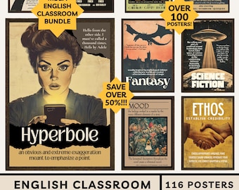 May include: A collection of vintage English classroom posters, including literary classics like "Moby Dick" and "The Great Gatsby." The bundle features over 100 posters, with themes of fantasy, science fiction, and more. The posters are part of a mega bundle.