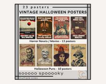 May include: A selection of vintage Halloween posters with a variety of spooky themes. The posters include text such as "Vintage Halloween Posters", "Horror Novels / Movies", and "Halloween Puns". The posters have a distressed, aged appearance.