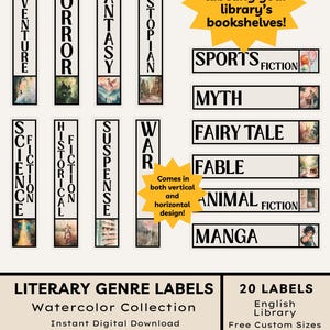 Peut inclure: Étiquettes de genres littéraires avec des illustrations à l'aquarelle, comprenant Aventure, Horreur, Fantastique et Science-Fiction. Le texte indique "Étiquettes de genres littéraires" et "Téléchargement numérique instantané".