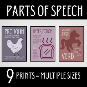 Pósteres de partes del discurso, aula de primaria, juegos de palabras en el aula de inglés, gramática inglesa divertida, regalo para profesores de inglés, pósteres de escuela secundaria