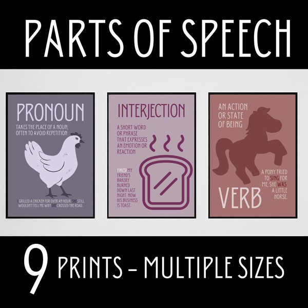 Parts of Speech Posters, Elementary Classroom, English Classroom Puns, Funny English Grammar, English Teacher Gift, Middle School Posters