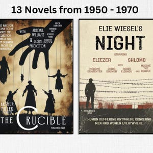 Op de afbeelding: Twee rechthoekige posters met de titel 13 Novels from 1950 - 1970. De linker poster toont The Crucible met silhouetten van figuren die als marionetten worden bestuurd. De rechter poster toont Elie Wiesel's Night met prikkeldraad en een soldaat.