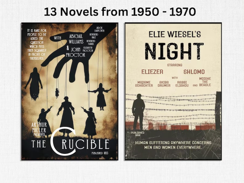 Op de afbeelding: Twee rechthoekige posters met de titel 13 Novels from 1950 - 1970. De linker poster toont The Crucible met silhouetten van figuren die als marionetten worden bestuurd. De rechter poster toont Elie Wiesel's Night met prikkeldraad en een soldaat.