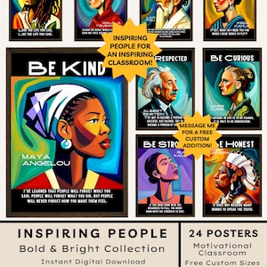 May include: A collection of 24 motivational posters featuring inspiring people, with bold and bright illustrations. The posters include quotes and portraits of figures like Maya Angelou and Marie Curie. The collection is designed for modern classroom decor.
