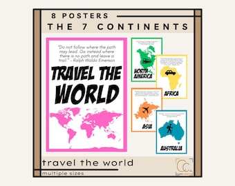 7 Continents Posters: Social Studies Classroom Decor World Travel Poster Geography Class Bulletin Board Home School World Map