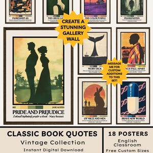 Könnte beinhalten: Eine Sammlung von achtzehn gerahmten literarischen Postern mit klassischen Buchcovern und Zitaten, darunter Titel wie Stolz und Vorurteil, Fahrenheit 451 und Moby Dick. Die Poster zeigen farbenfrohe grafische Illustrationen und Text im Vintage-Stil.