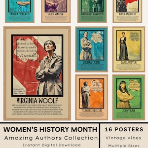 May include: A collection of 16 vintage-style posters celebrating Women's History Month. Each poster features a portrait of a female author, including Sandra Cisneros, Alice Walker, and Virginia Woolf, with quotes and names. The posters have a neutral background.