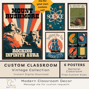 May include: A set of six vintage-style classroom posters featuring Mount Rushmore with the text "Rocking Infinite Aura," a science atom graphic, a snail with the golden ratio, a ship labeled "Spilling the Tea Since 1773," and scientific figures.