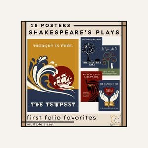 Shakespeare's Plays Posters First Folio Prints: High School English Classroom Library Wall Art Macbeth Julius Caesar Taming of the Shrew