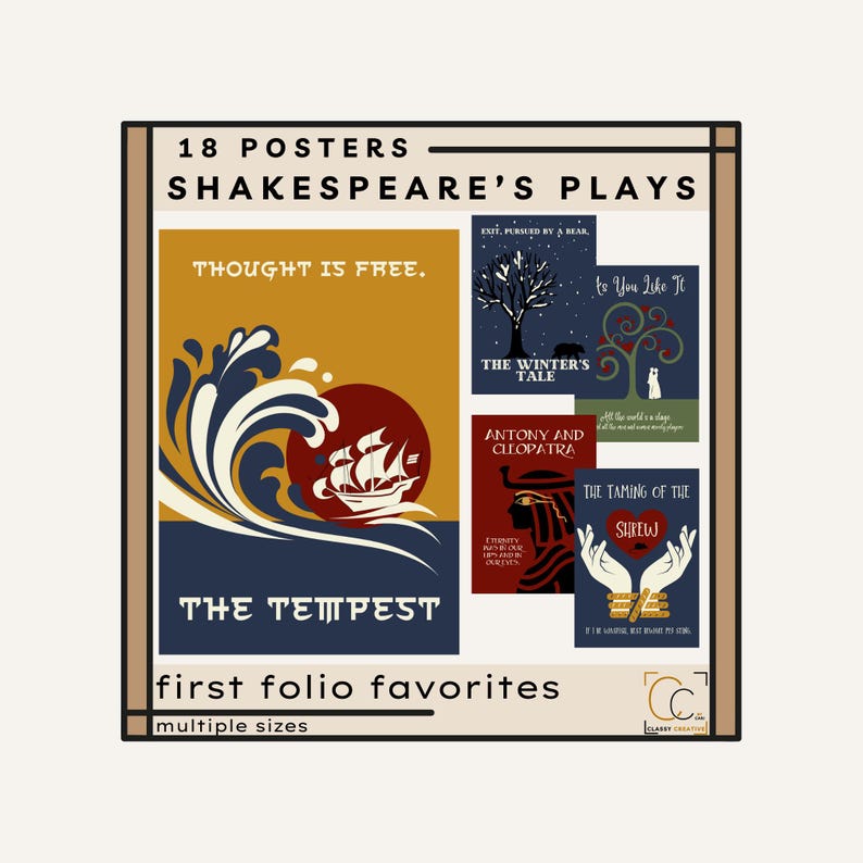 Première impression folio des affiches des pièces de Shakespeare : oeuvre d'art murale bibliothèque, classe d'anglais du secondaire Macbeth Jules César apprivoiser la musaraigne image 1