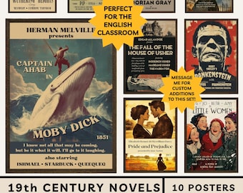 Pôsteres de Literatura Clássica: Decoração para Sala de Aula de Inglês do Ensino Médio, Romances do Século XIX, Capas de Livros Populares, Pôsteres de Filmes Antigos