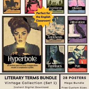 May include: A collection of 10 vintage-style posters featuring literary terms like "Personification," "Idiom," and "Hyperbole." Each poster has a unique design with text and illustrations, perfect for English classrooms. The bundle includes 28 posters.