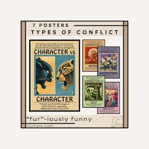 Peut inclure: Sept affiches illustrant les "Types de conflit" dans un style vintage. Chaque affiche présente le texte "Character vs" et représente différents conflits, notamment personnage contre personnage, nature, surnaturel, soi et société. La phrase "fur-iously funny" est également présente.