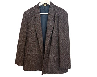 Vintage Tweed Blazer Women 36 Brown Speckled Wool Look 90s Boxy Jacket