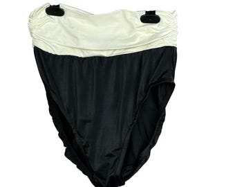 Bañador vintage ILGWU de los años 80 para mujer, talla 12, nailon blanco y negro, cintura alta, fruncido, EE. UU.