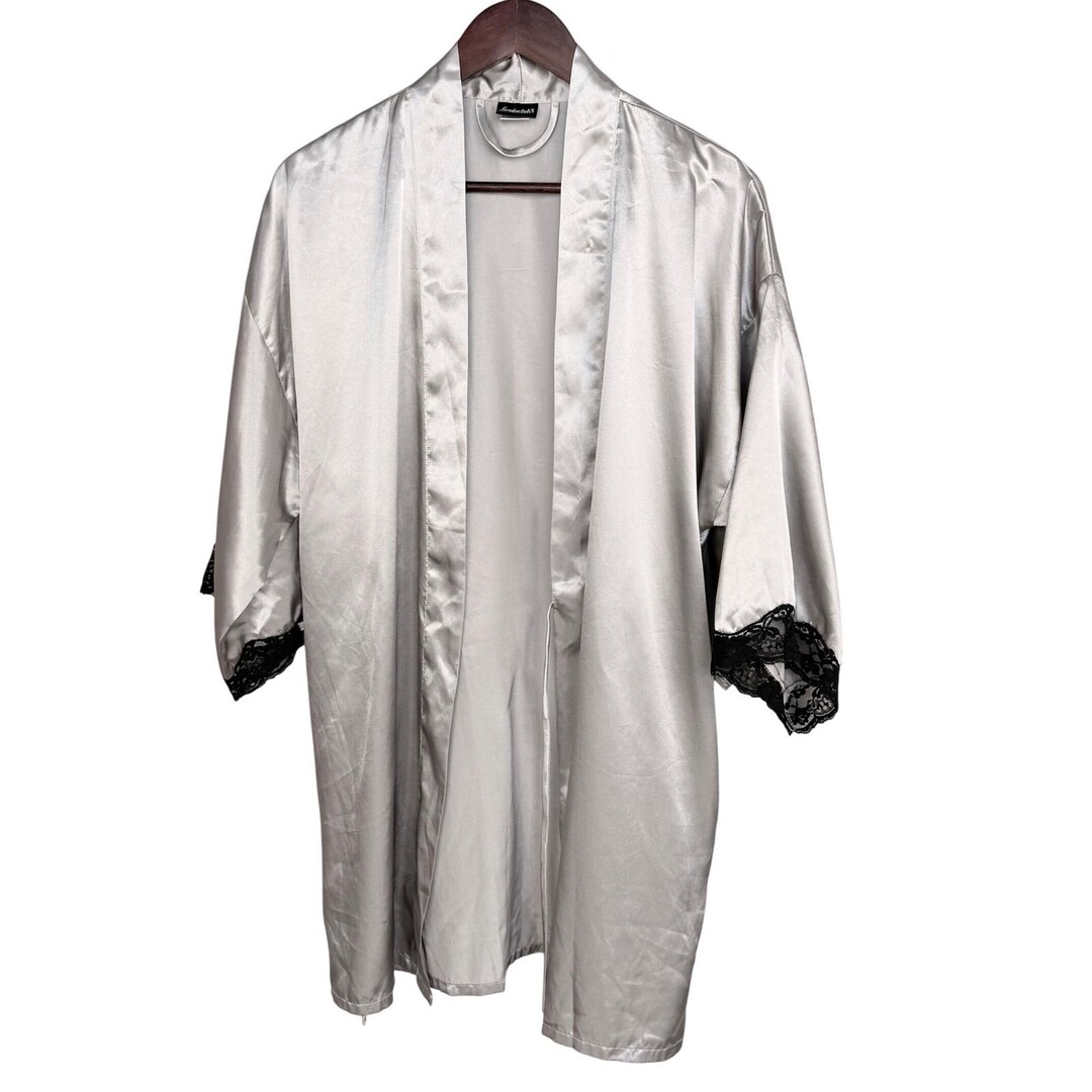 Silver Robe Hprints Vtg Frederick's of Hollywood Robe Women Med Silver Satin Lace Trim No ...