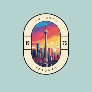 May include: A vintage-style badge with a colorful illustration of the CN Tower and the Toronto skyline. The badge is cream-colored with a black border and the text "CN TOWER TORONTO 1976" around the edge.