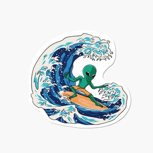May include: A green alien with large eyes is surfing on a surfboard in a blue and white wave. The wave is stylized to look like a traditional Japanese woodblock print.