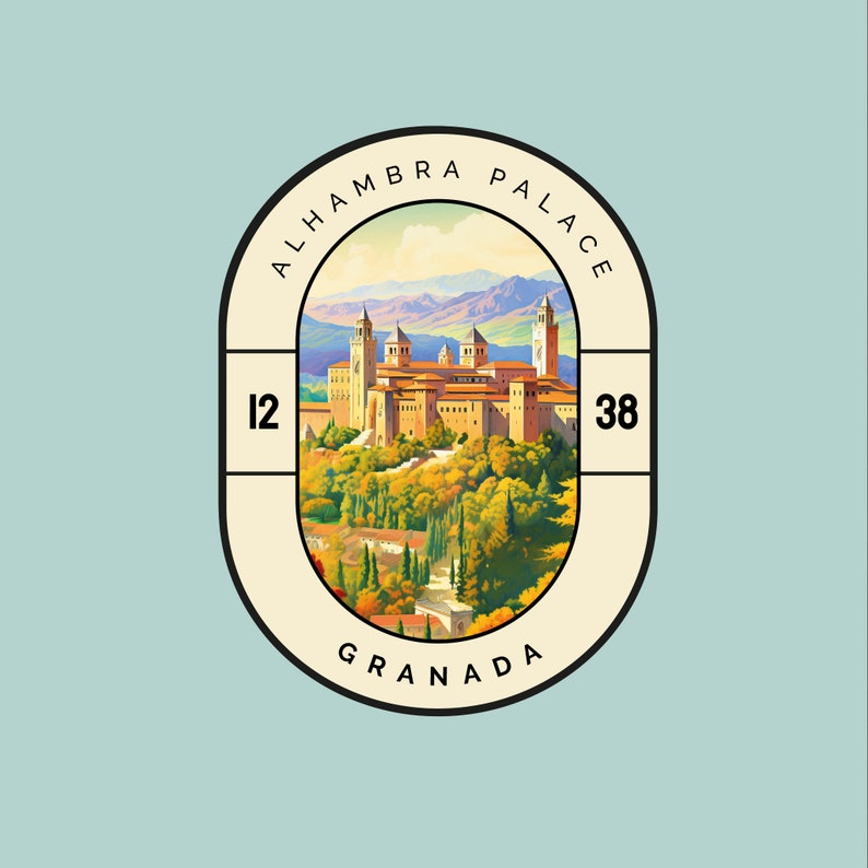 May include: A vintage-style travel sticker featuring a colorful illustration of the Alhambra Palace in Granada, Spain. The sticker is beige with a brown border and the text "ALHAMBRA PALACE" in a black circle at the top. The text "GRANADA" is in a black circle at the bottom. The numbers "12" and "38" are on the left and right sides of the sticker.