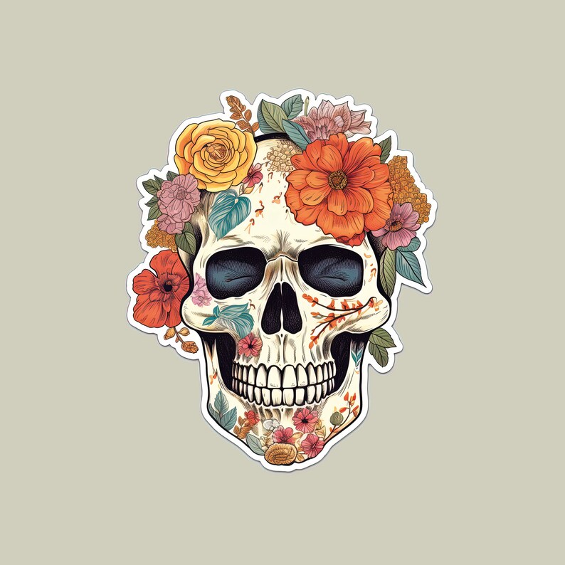 May include: A white sugar skull with a floral crown of orange, yellow, pink, and blue flowers. The skull is decorated with intricate details and has a whimsical expression.