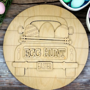 2 SIZES  Easter Egg Hunt old truck  DIY kit Birch wood Round Door hanger or plaque Spring Home decor