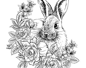 Stencil and / or Wood cut outs Little Hare and Roses 15x15 Rabbit bunny reusable silk screen adhesive transfer