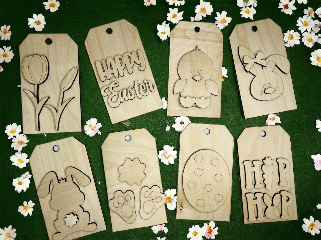 8 Piece Set Easter Wood Gift Tags DIY Kit Birch Wood Spring Home Decor