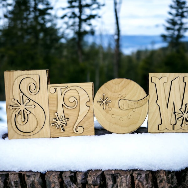 SNOW words wood block shelf sitter blank DIY kit